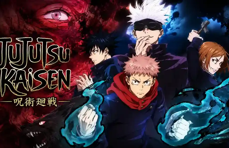 Jujutsu Kaisen anime characters Yuji Itadori, Gojo, Megumi and Nobara