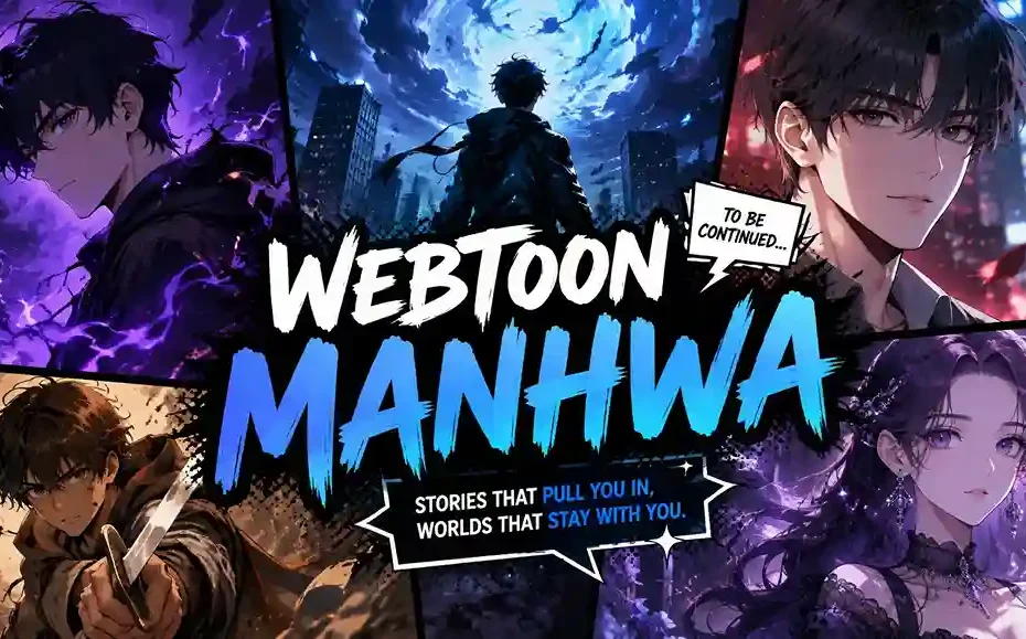 A smartphone displays a colorful webtoon manhwa panel with characters, showing how Korean digital comics scroll vertically on mobile.