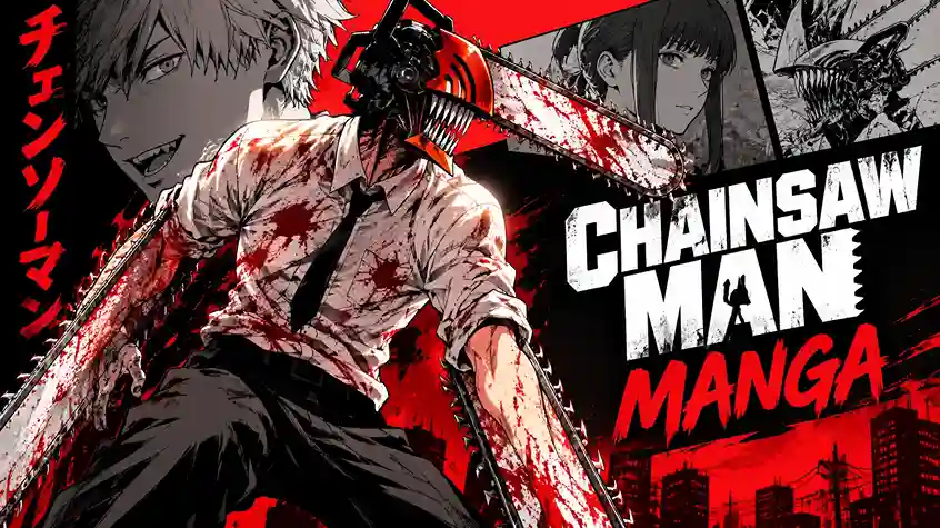 Chainsaw Man manga featuring Denji in a dramatic red and black anime-inspired scene.