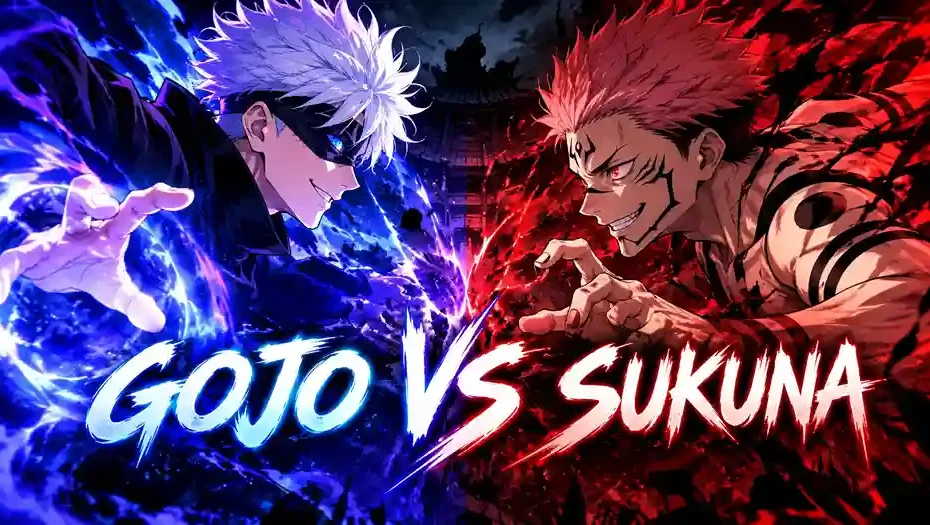 Gojo vs Sukuna facing off in an intense battle with blue and red cursed energy