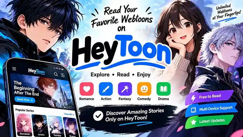 HeyToon webtoon platform featuring anime characters and a collection of romance, action, fantasy, comedy, and drama comics.