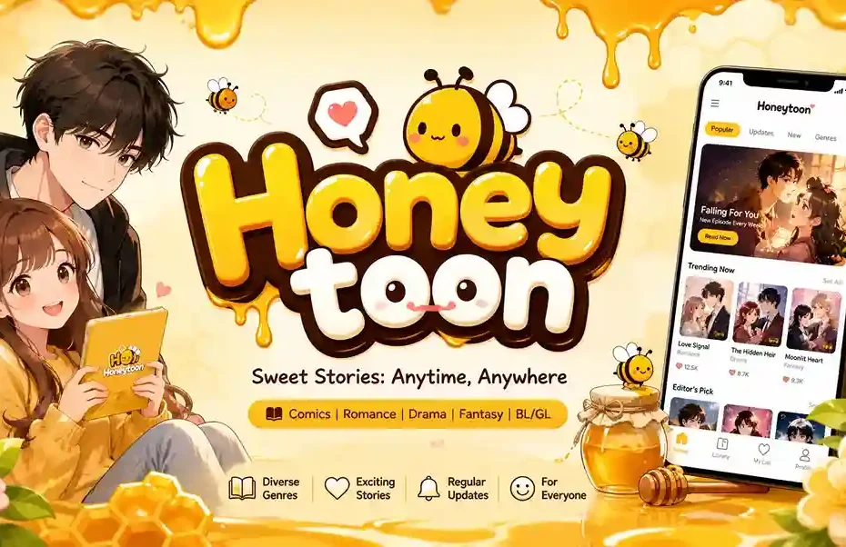 Honeytoon online comic reading platform featuring colorful anime-style characters and a mobile comic library