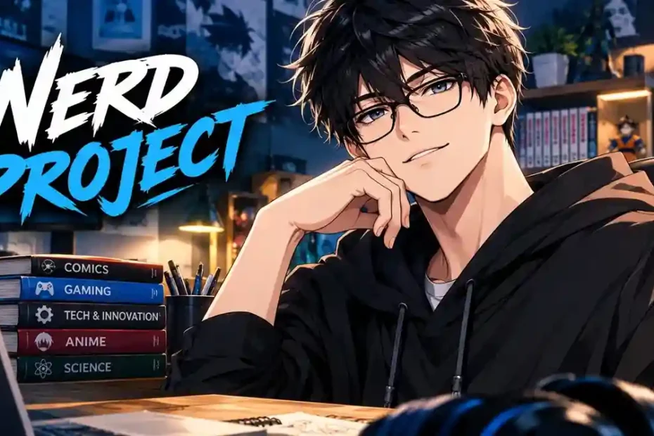 Nerd Project Manhwa main character wearing glasses at a desk surrounded by tech, anime, and gaming books