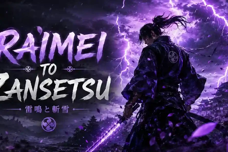 Raimei to Zansetsu manga feature image with a dark fantasy warrior and dramatic purple lightning