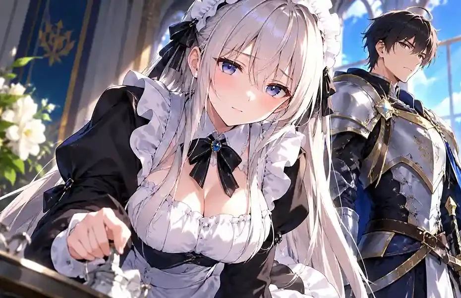 Shinjuu Kishi-sama no Senzoku Maid anime-style illustration featuring a silver-haired maid and a knight.