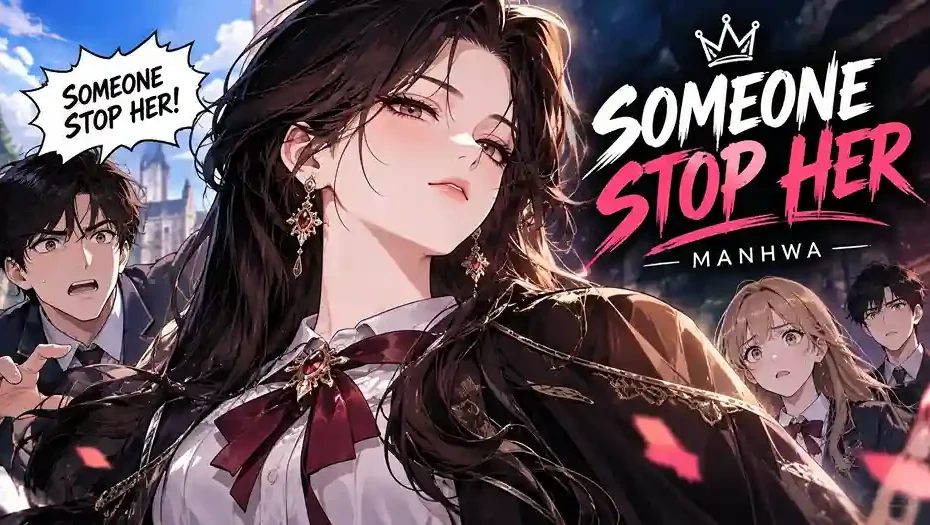 Someone Stop Her manhwa feature image with a confident dark-haired female protagonist and shocked characters in a dramatic webtoon-style illustration