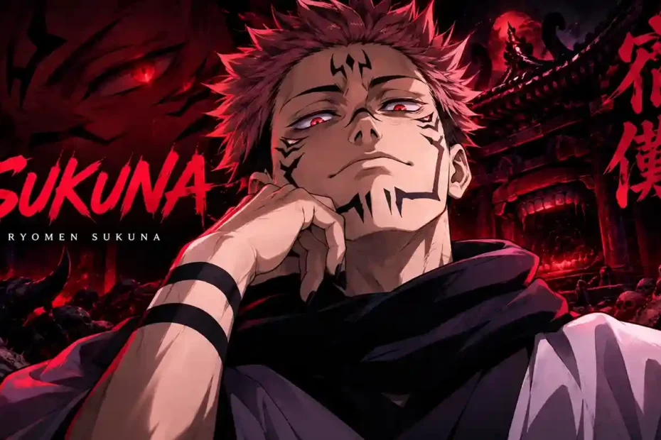 Ryomen Sukuna with glowing red eyes and black facial markings in a dark anime scene.