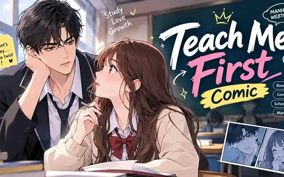 Teach Me First Comic manhwa webtoon featuring a male student and female student in a romantic classroom scene.
