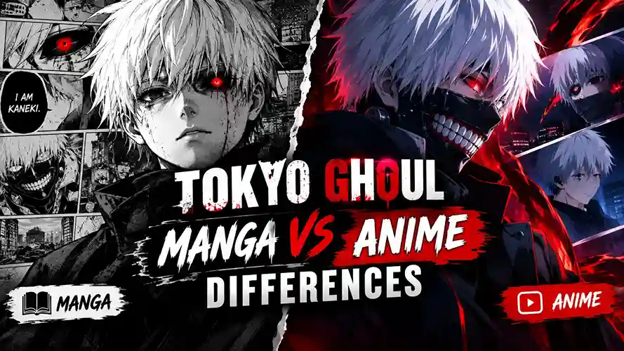 Tokyo Ghoul manga vs anime differences featuring Ken Kaneki in black and white manga art and red and black anime artwork