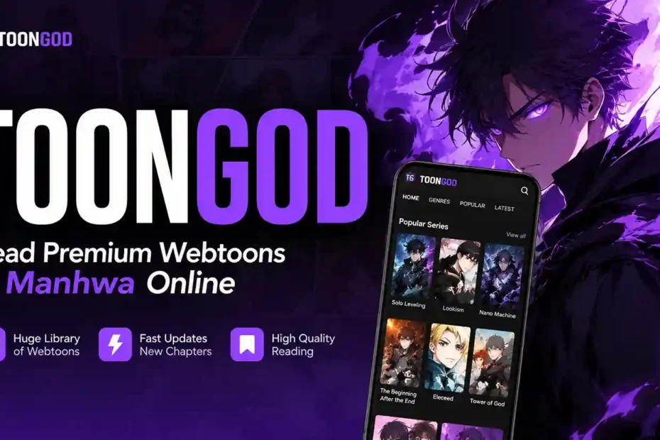 Toongod manga and manhwa platform featuring anime characters and webtoon series.