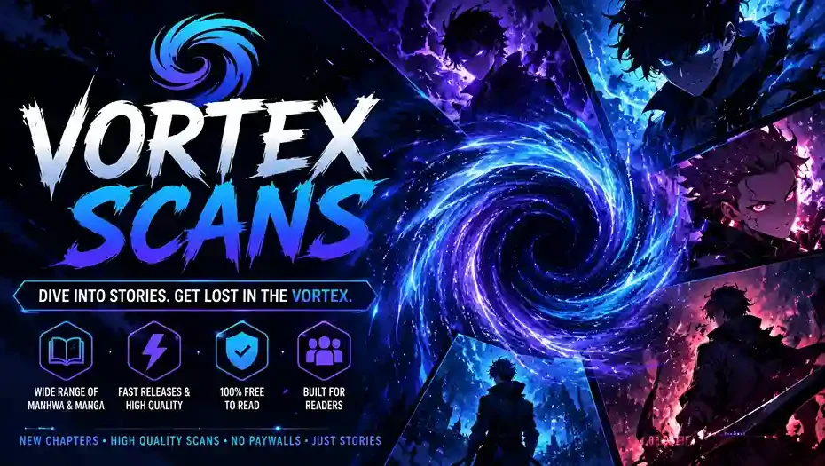 Vortex Scans manga and manhwa reading platform with anime characters and a glowing purple vortex