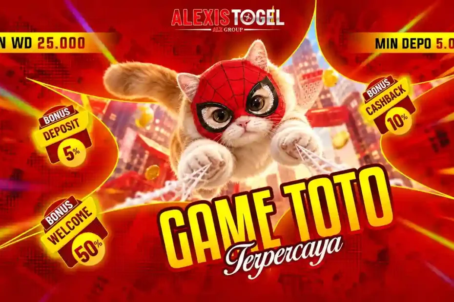 Alexistogel red promotional banner featuring a superhero kitten and Toto gaming bonuses