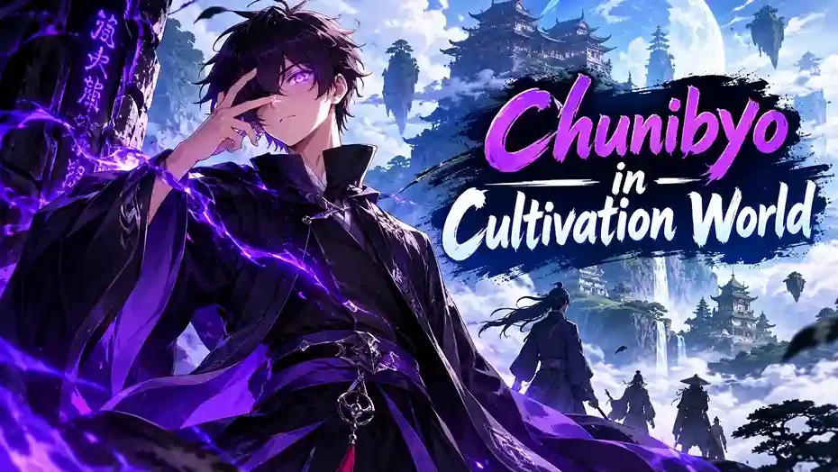 Chunibyo in Cultivation World anime character with purple magical energy in a fantasy cultivation realm