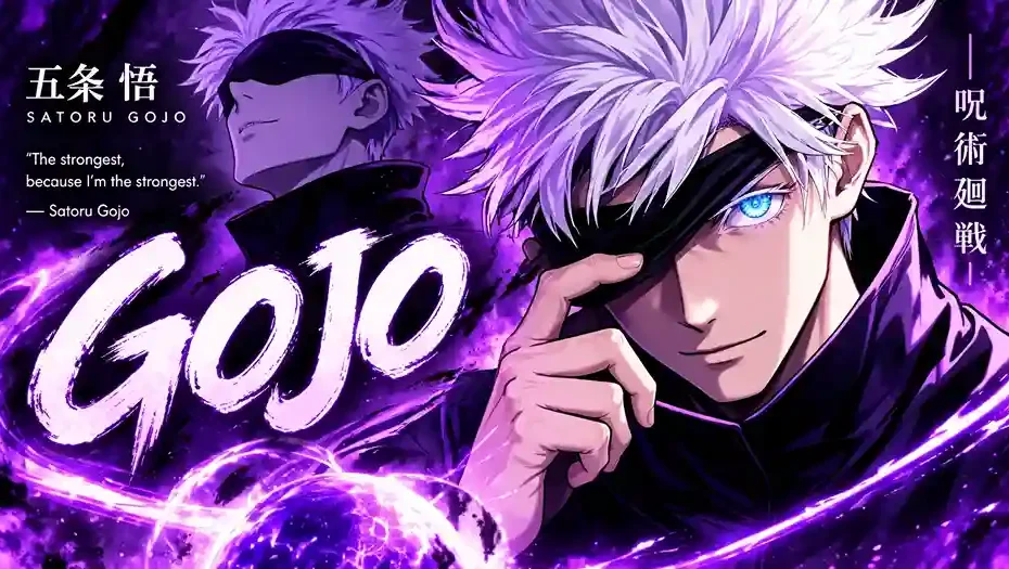 Gojo Satoru with glowing blue eyes and purple cursed energy in Jujutsu Kaisen anime style