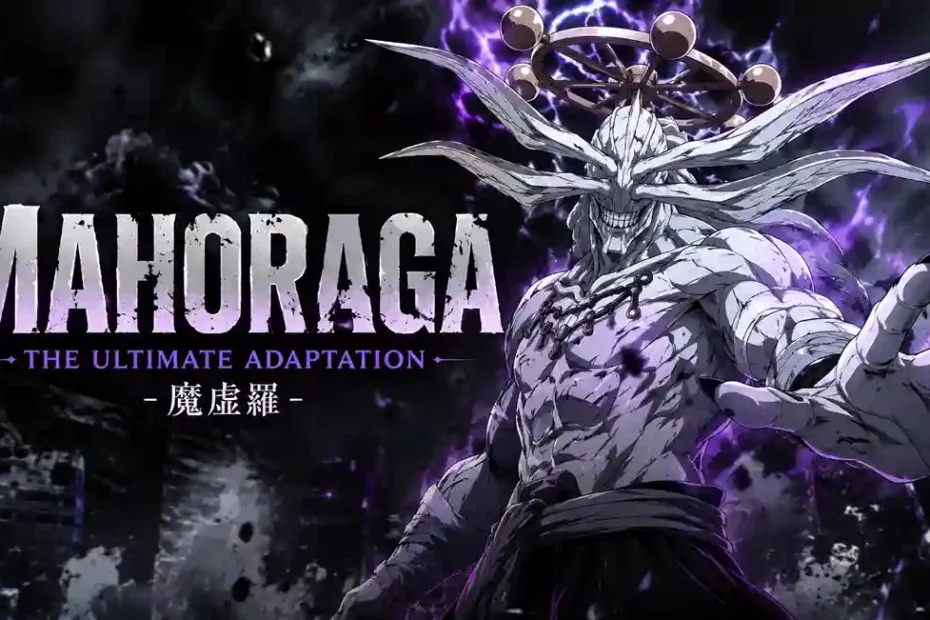 Mahoraga from Jujutsu Kaisen with its eight-handled wheel and purple cursed energy.